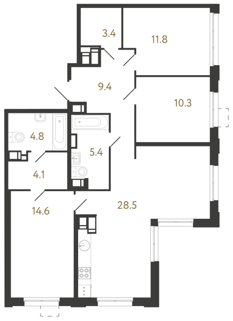 Трёхкомнатная квартира №1135 в ЖК Струны 2 оч. - 92.3 м²  - №2
