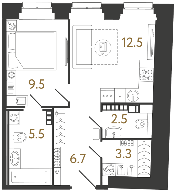 Однокомнатные апартаменты №22 в ЖК Светоч - 40 м²