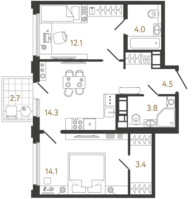Двухкомнатная квартира №867 в ЖК Гений - 56.2 м²