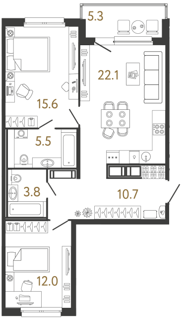 Двухкомнатная квартира №263 в ЖК Передвижники - 69.7 м²