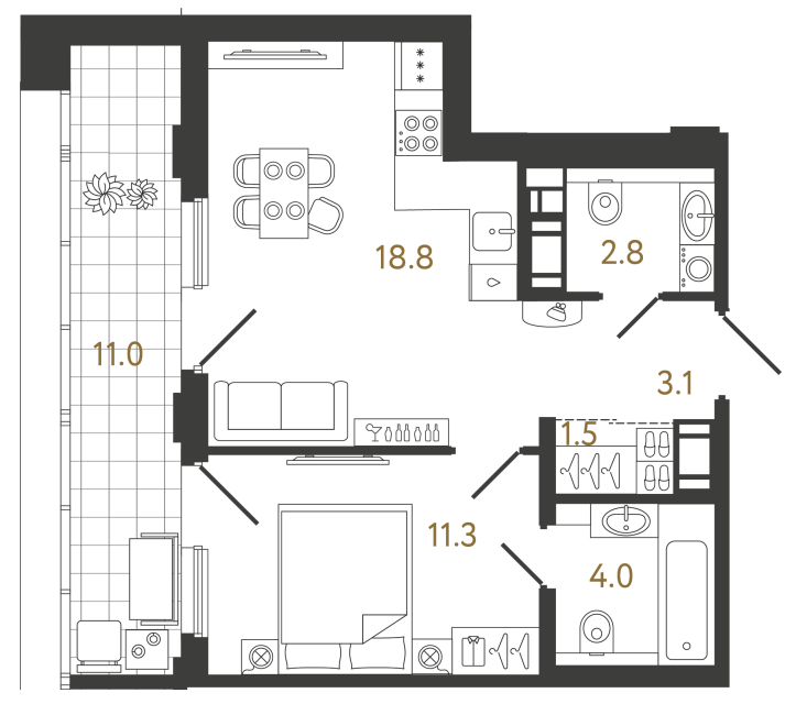 Однокомнатная квартира №376 в ЖК Гений - 41.5 м²