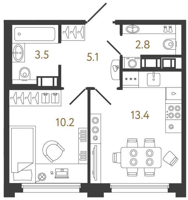 Однокомнатная квартира №574 в ЖК Гений - 35 м²