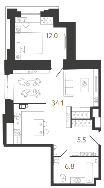 Однокомнатные апартаменты №65 в ЖК Светоч - 58.4 м²