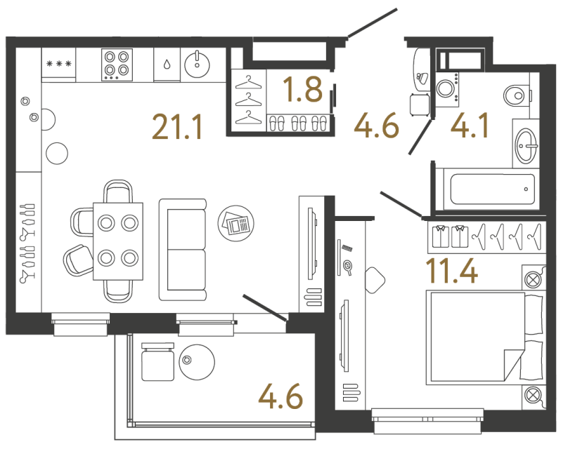 Однокомнатная квартира №181 в ЖК Передвижники - 43 м²