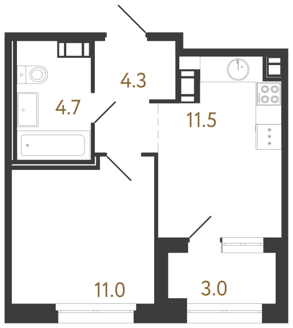 Однокомнатная квартира №92 в ЖК Куинджи - 31.5 м²  - №2