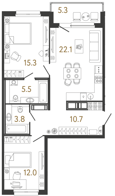 Двухкомнатная квартира №247 в ЖК Передвижники - 69.4 м²