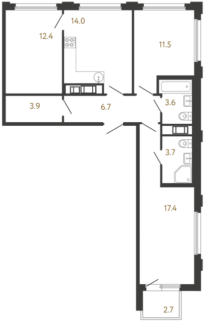 Трёхкомнатная квартира №732 в ЖК Гений - 73.2 м²  - №2