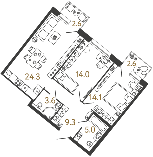 Двухкомнатная квартира №53 в ЖК Цвет Зеленогорска - 70.3 м²