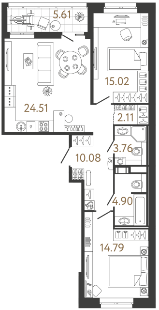 Двухкомнатная квартира №755 в ЖК Ultra City 3 - 75.17 м²