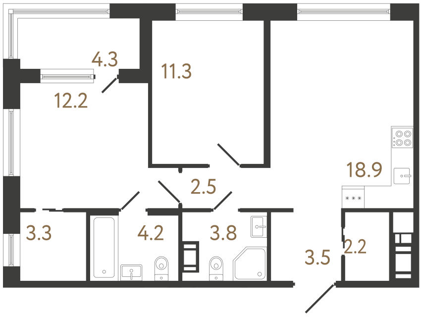 Двухкомнатная квартира №31 в ЖК Передвижники 2 - 61.9 м²  - №2